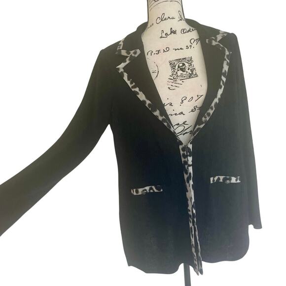 MING WANG BLAZER KNIT TAILORED BLACK LEOPARD TRIM SZ M SHOULDER PADDED AESTHETIC - Picture 14 of 16
